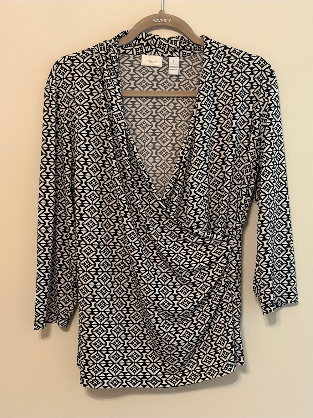 Chico's Black and White Geometric Drape Wrap Top